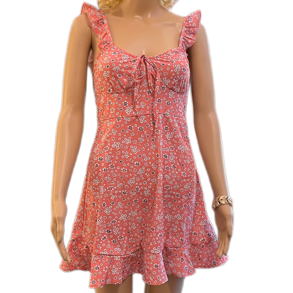 Women’s Sexy Pink Floral V Neck Ruffle Sleeve Mini Dress